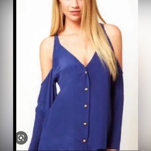 Boulee Cold Shoulder Long Sleeve Silk Blouse in Blue-Size 0